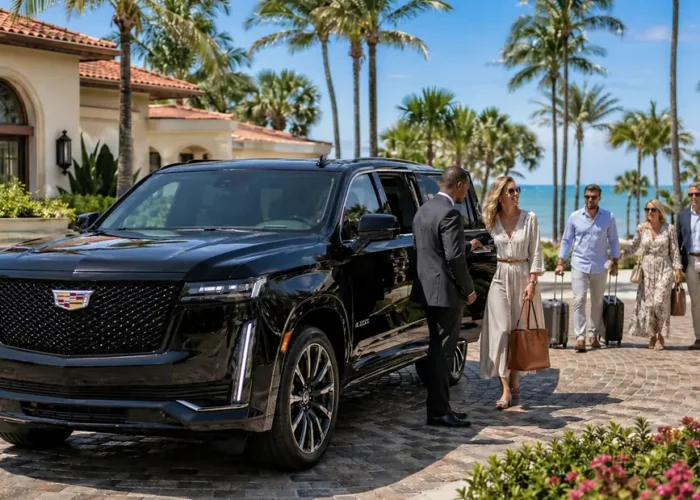 Elegant group arriving at a mansion with a black Cadillac Escalade and driver, private transport between Miami and Naples