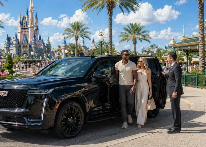 Couple with a driver and a black Cadillac Escalade in front of the Disney Magic Kingdom castle, private transfer from Miami to Orlando
